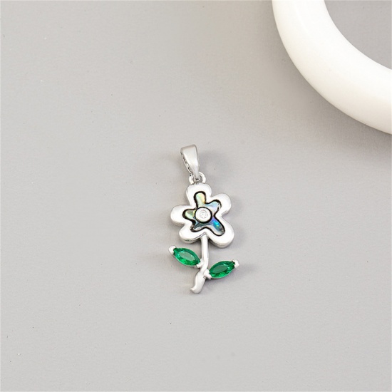 Picture of 1 Piece Natural Shell & Brass Charm Pendant Platinum Plated Flower Green Cubic Zirconia 26mm x 12mm