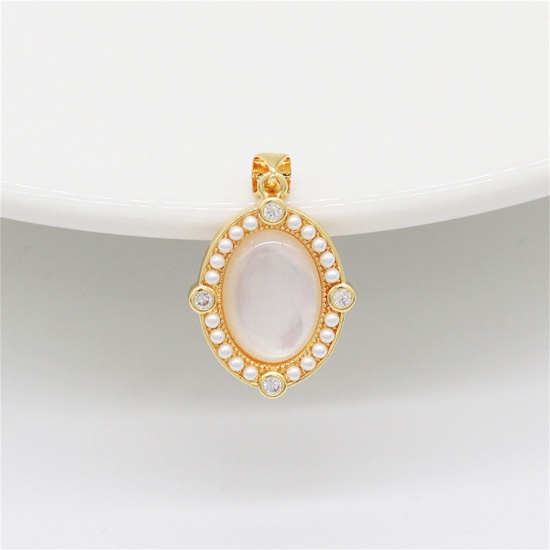 Picture of 1 Piece Natural Shell & Brass Charm Pendant 14K Gold Plated Oval Acrylic Imitation Pearl Clear Cubic Zirconia 28mm x 17mm