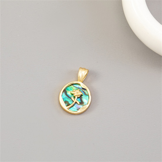 Picture of 1 Piece Natural Shell & Brass Charm Pendant 14K Gold Plated Round Rose Flower 18mm x 12mm