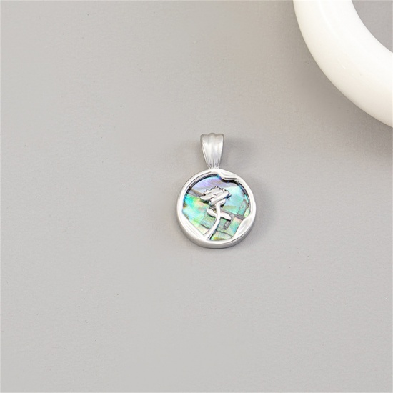 Picture of 1 Piece Natural Shell & Brass Charm Pendant Platinum Plated Round Rose Flower 18mm x 12mm