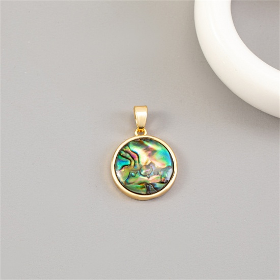 Picture of 1 Piece Natural Shell & Brass Charm Pendant 14K Gold Plated Round 22mm x 15mm