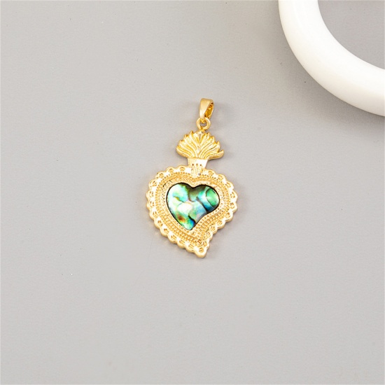 Picture of 1 Piece Natural Shell & Brass Religious Pendants 14K Gold Plated Ex Voto Heart 3.5cm x 2cm