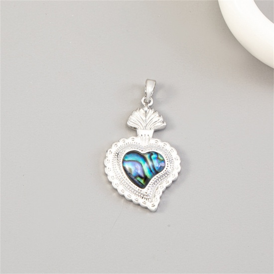 Picture of 1 Piece Natural Shell & Brass Religious Pendants Platinum Plated Ex Voto Heart 3.5cm x 2cm