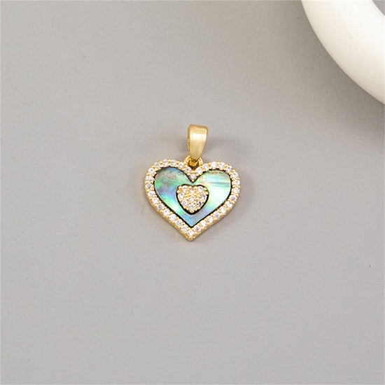 Picture of 1 Piece Natural Shell & Brass Valentine's Day Charm Pendant 14K Gold Plated Heart Micro Pave Clear Cubic Zirconia 17.5mm x 13.5mm