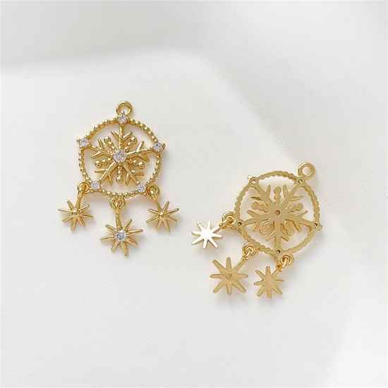 Immagine di 1 Pz Ottone Natale Ciondoli Acchiappa sogni Placcato Oro 18K Fiocco di Neve Filigrana Trasparente Cubic Zirconiae 24mm x 14mm