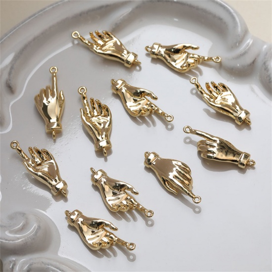 Immagine di 1 Pz Ottone Pendenti Charms Connettori Accessori Mani Placcato Oro 14K 3D 22.5mm x 6.5mm