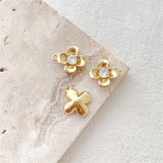 Picture of 2 PCs Brass Charms 18K Gold Plated Flower Clear Cubic Zirconia 12mm x 10mm