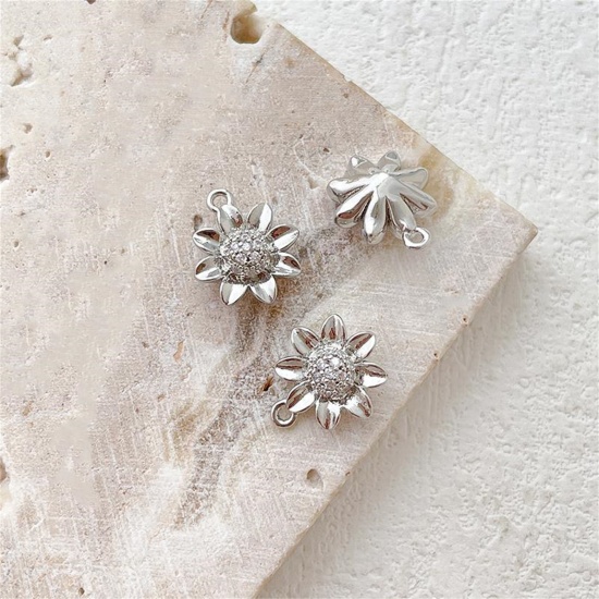 Picture of 2 PCs Brass Charms Platinum Plated Daisy Flower Clear Cubic Zirconia 12mm x 10mm