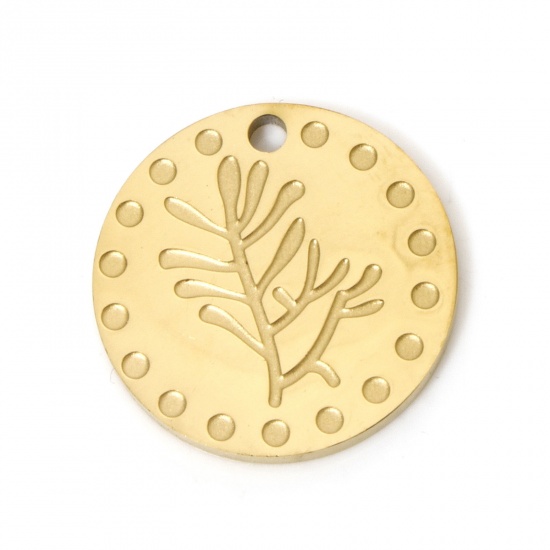 Image de 2 Pcs Breloques en 304 Acier Inoxydable Placage sous Vide PVD Respectueux de l'Environnement Fleur de Mois de Naissance Rond Plaqué Or Véritable 18K Feuilles de Fleur Corrosion 15mm x 15mm