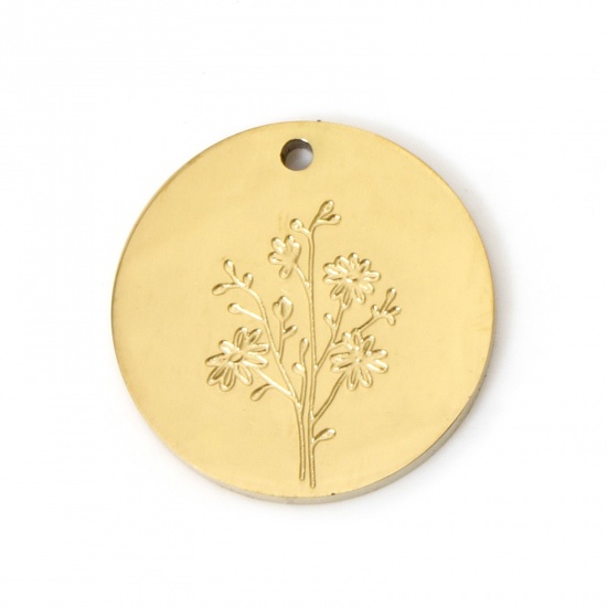 Image de 2 Pcs Breloques en 304 Acier Inoxydable Placage sous Vide PVD Respectueux de l'Environnement Fleur de Mois de Naissance Rond Plaqué Or Véritable 18K Marguerite Corrosion 13mm x 13mm