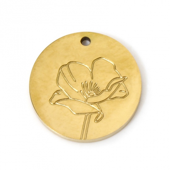Image de 2 Pcs Breloques en 304 Acier Inoxydable Placage sous Vide PVD Respectueux de l'Environnement Fleur de Mois de Naissance Rond Plaqué Or Véritable 18K Fleur Violette Corrosion 13mm x 13mm