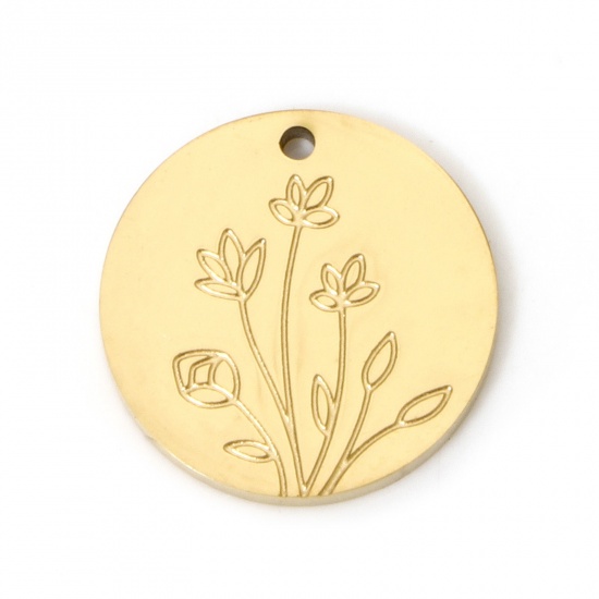 Image de 2 Pcs Breloques en 304 Acier Inoxydable Placage sous Vide PVD Respectueux de l'Environnement Fleur de Mois de Naissance Rond Plaqué Or Véritable 18K Fleurs 13mm Dia.