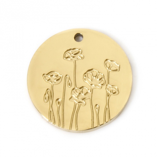 Image de 2 Pcs Breloques en 304 Acier Inoxydable Placage sous Vide PVD Respectueux de l'Environnement Fleur de Mois de Naissance Rond Plaqué Or Véritable 18K Fleurs Corrosion 13mm x 13mm
