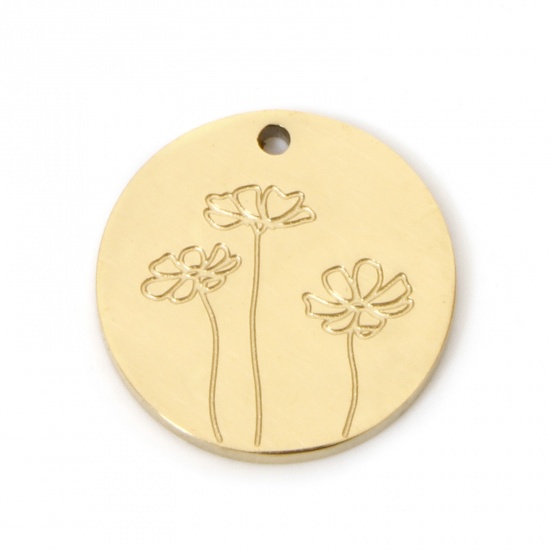 Image de 2 Pcs Breloques en 304 Acier Inoxydable Placage sous Vide PVD Respectueux de l'Environnement Fleur de Mois de Naissance Rond Plaqué Or Véritable 18K Fleur Cosmos Corrosion 13mm x 13mm