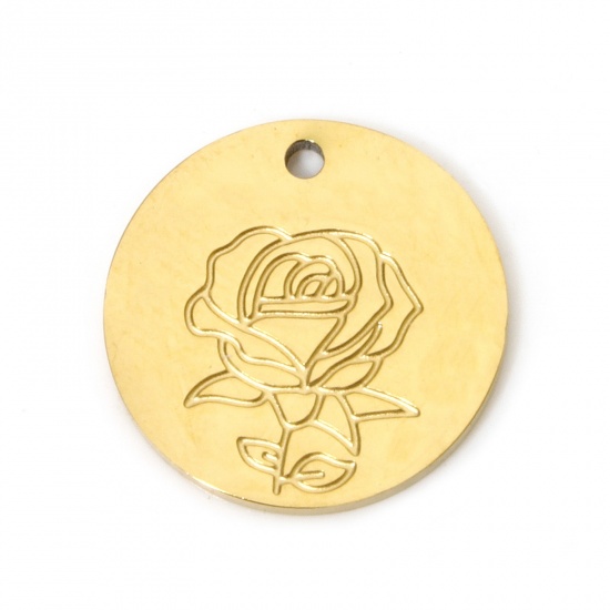 Image de 2 Pcs Breloques en 304 Acier Inoxydable Placage sous Vide PVD Respectueux de l'Environnement Fleur de Mois de Naissance Rond Plaqué Or Véritable 18K Rose 15mm Dia.