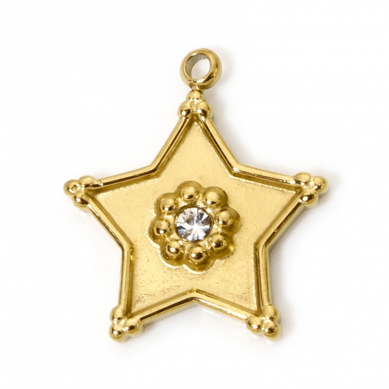 Picture of 1 Piece Eco-friendly PVD Vacuum Plating 304 Stainless Steel Galaxy Charmes 18K Real Gold Plated Pentagram Star Clear Rhinestone 17mm x 15mm