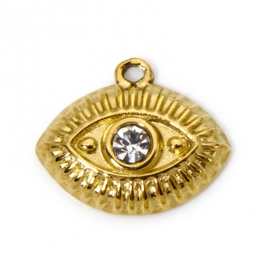 Picture of 1 Piece Eco-friendly PVD Vacuum Plating 304 Stainless Steel Religious Charmes 18K Real Gold Plated Evil Eye Clear Rhinestone 15.5mm x 12.5mm