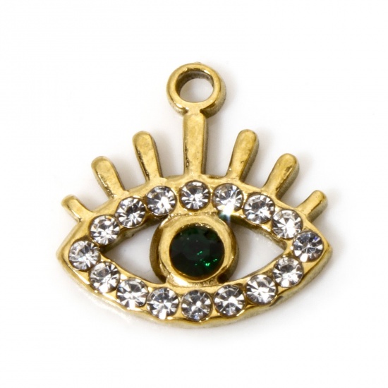 Picture of 1 Piece Eco-friendly PVD Vacuum Plating 304 Stainless Steel Religious Charmes 18K Real Gold Plated Evil Eye Clear Rhinestone 14mm x 14mm