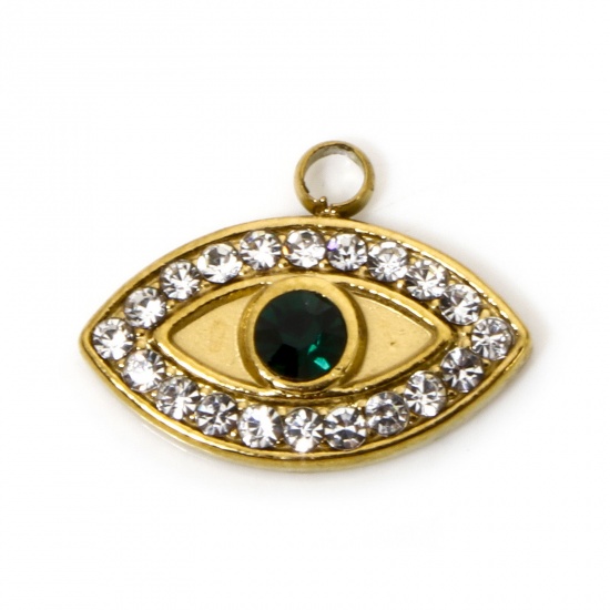 Picture of 1 Piece Eco-friendly PVD Vacuum Plating 304 Stainless Steel Religious Charmes 18K Real Gold Plated Evil Eye Clear Rhinestone 16mm x 12mm