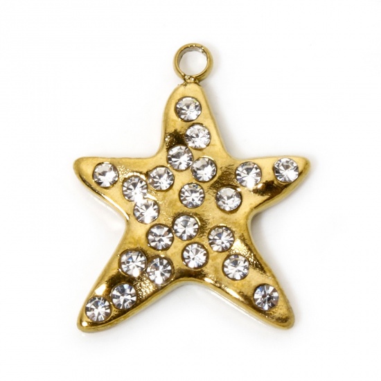 Picture of 1 Piece Eco-friendly PVD Vacuum Plating 304 Stainless Steel Galaxy Charmes 18K Real Gold Plated Pentagram Star Clear Rhinestone 20.5mm x 17mm