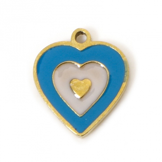 Bild von 2 Stück Umweltfreundliche PVD-Vakuumbeschichtung 304 Edelstahl Valentinstag Charms Herz 18K Echtgold plattiert Emaille 10mm x 9mm
