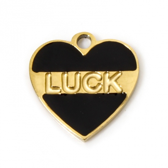 Bild von 2 Stück Umweltfreundliche PVD-Vakuumbeschichtung 304 Edelstahl Valentinstag Charms Herz 18K Echtgold plattiert Message " LUCK " Emaille 12.5mm x 12.5mm