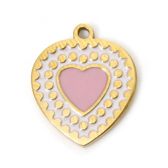 Bild von 2 Stück Umweltfreundliche PVD-Vakuumbeschichtung 304 Edelstahl Valentinstag Charms Herz 18K Echtgold plattiert Punkt Emaille 14mm x 12mm