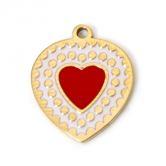 Bild von 2 Stück Umweltfreundliche PVD-Vakuumbeschichtung 304 Edelstahl Valentinstag Charms Herz 18K Echtgold plattiert Punkt Emaille 14mm x 12mm