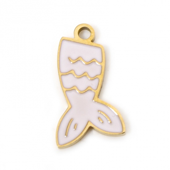 Bild von 2 Stück Umweltfreundliche PVD-Vakuumbeschichtung 304 Edelstahl Ozean Schmuck Charms Fischschwanz 18K Echtgold plattiert Emaille 15mm x 8.5mm