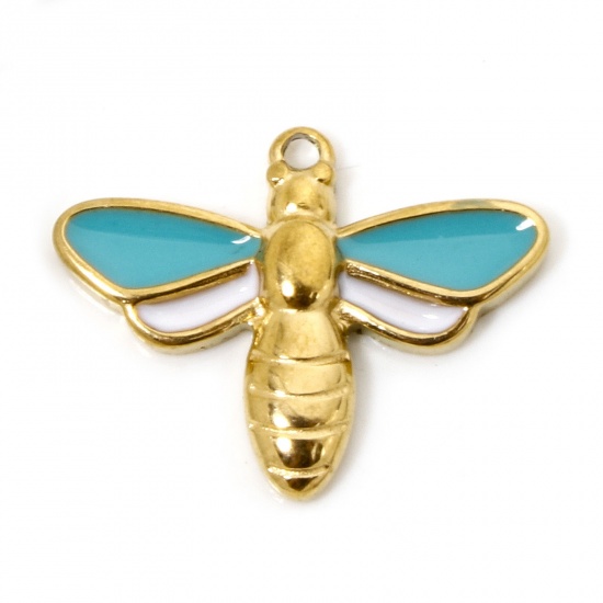 Bild von 2 Stück Umweltfreundliche PVD-Vakuumbeschichtung 304 Edelstahl Insekt Charms Biene 18K Echtgold plattiert Emaille 21mm x 16.5mm