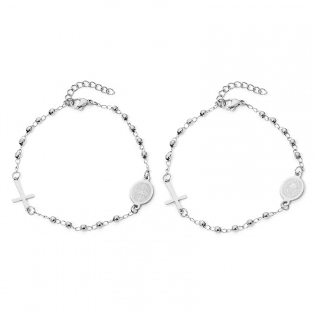 Immagine di Croce Medaglia di San Benedetto 304 Acciaio Inossidabile Catena del Barbazzale Braccialetti All'Ingrosso, Tono Argento Unisex Religione Elegante Regalo Fornitura di Gioielli, 18.5cm Lunghezza, 1 Pz
