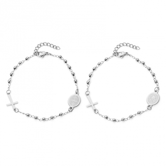 Picture of 1 Piece 304 Stainless Steel Religious Curb Link Chain Bracelets Silver Tone Cross Virgin Mary 18.5cm(7 2/8") long