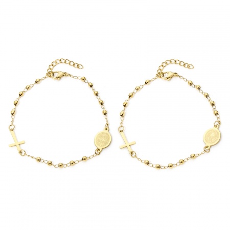 Picture of Wholesale Cross St. Benedict Medal 304 Stainless Steel Curb Link Chain Bracelets, 18K Gold Plated Unisex Religious Stylish Gift Jewelry Supply, 18.5cm(7 2/8") long, 1 Piece
