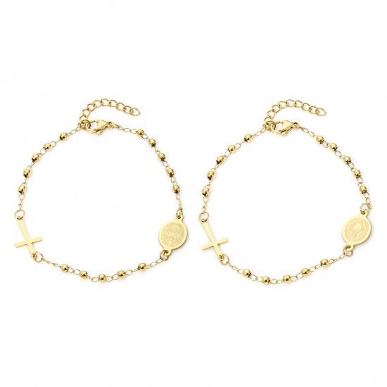 Picture of 1 Piece 304 Stainless Steel Religious Curb Link Chain Bracelets 18K Gold Plated Cross Virgin Mary 18.5cm(7 2/8") long