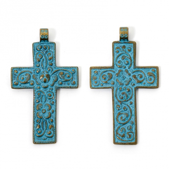 Picture of 2 PCs Zinc Based Alloy Religious Pendants Antique Bronze Blue Cross Carved Pattern Patina 7.6cm x 4.4cm