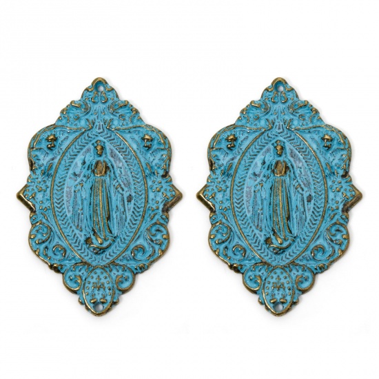 Picture of 2 PCs Zinc Based Alloy Religious Pendants Antique Bronze Blue Rhombus Virgin Mary Patina 5.6cm x 3.8cm