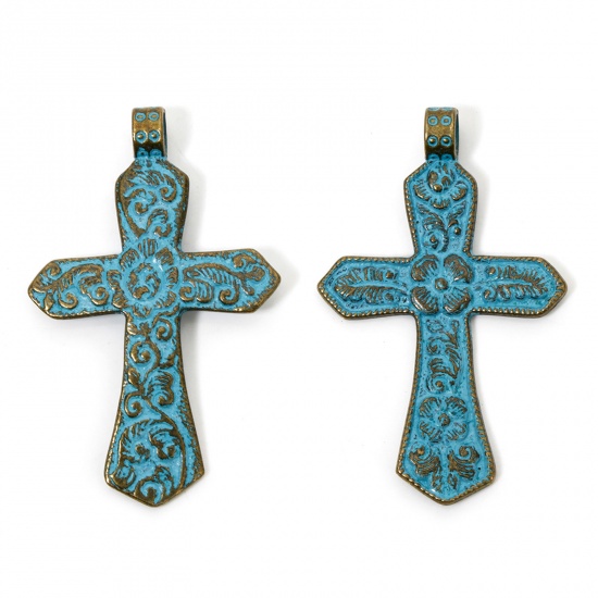 Picture of 2 PCs Zinc Based Alloy Religious Pendants Antique Bronze Blue Cross Carved Pattern Patina 7.1cm x 4.4cm