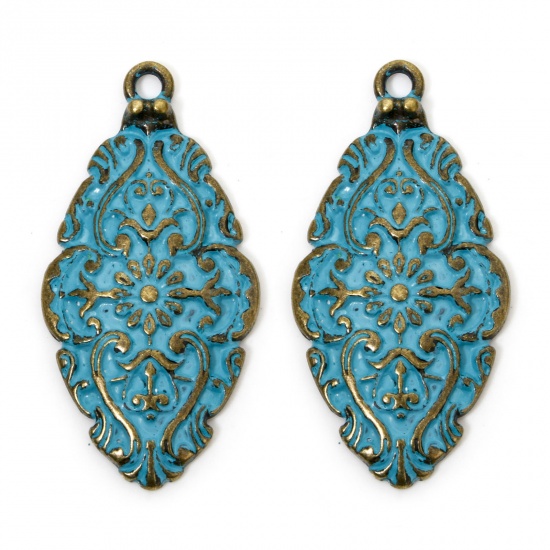 Picture of 2 PCs Zinc Based Alloy Religious Pendants Antique Bronze Blue Marquise Carved Pattern Patina 5.7cm x 2.8cm