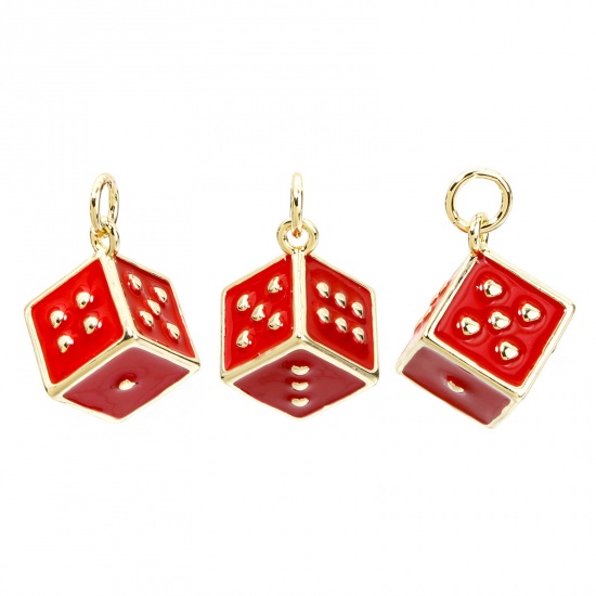 Picture of 1 Piece Eco-friendly Brass Charms 18K Real Gold Plated Red Dice Enamel 3D 20mm x 12mm