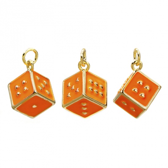 Picture of 1 Piece Eco-friendly Brass Charms 18K Real Gold Plated Orange Dice Enamel 3D 20mm x 12mm