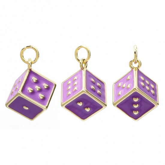 Picture of 1 Piece Eco-friendly Brass Charms 18K Real Gold Plated Purple Dice Enamel 3D 20mm x 12mm