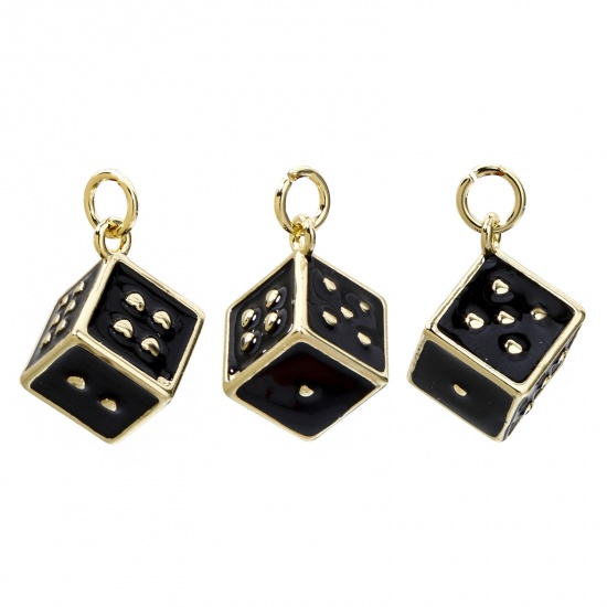 Picture of 1 Piece Eco-friendly Brass Charms 18K Real Gold Plated Black Dice Enamel 3D 20mm x 12mm