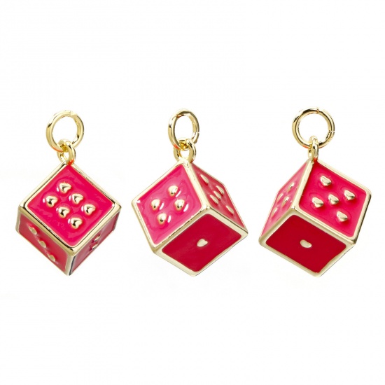 Picture of 1 Piece Eco-friendly Brass Charms 18K Real Gold Plated Fuchsia Dice Enamel 3D 20mm x 12mm