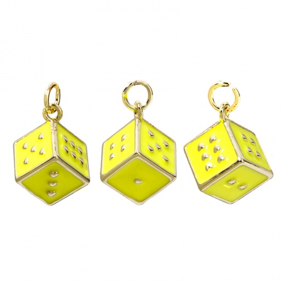 Picture of 1 Piece Eco-friendly Brass Charms 18K Real Gold Plated Yellow Dice Enamel 3D 20mm x 12mm