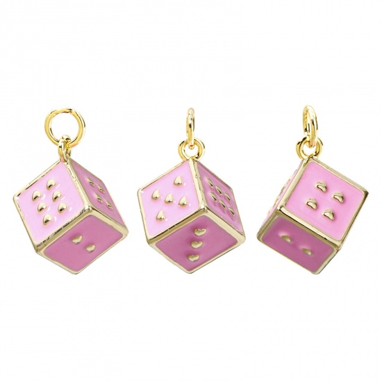 Picture of 1 Piece Eco-friendly Brass Charms 18K Real Gold Plated Pink Dice Enamel 3D 20mm x 12mm