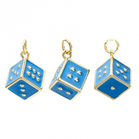 Picture of 1 Piece Eco-friendly Brass Charms 18K Real Gold Plated Blue Dice Enamel 3D 20mm x 12mm