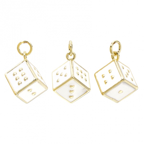 Picture of 1 Piece Eco-friendly Brass Charms 18K Real Gold Plated White Dice Enamel 3D 20mm x 12mm