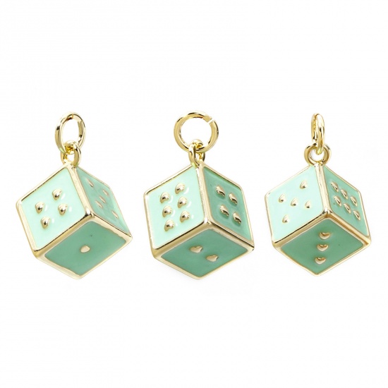 Picture of 1 Piece Eco-friendly Brass Charms 18K Real Gold Plated Green Dice Enamel 3D 20mm x 12mm