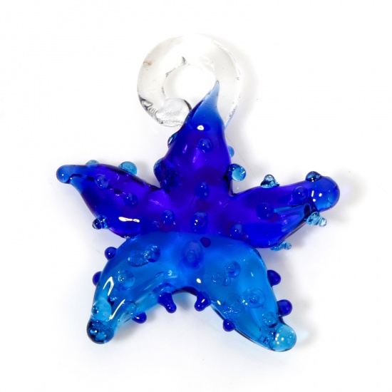 Picture of 2 PCs Lampwork Glass Ocean Jewelry Pendants Royal Blue & Blue Two Tone Star Fish 3D 3.5cm x 3.2cm