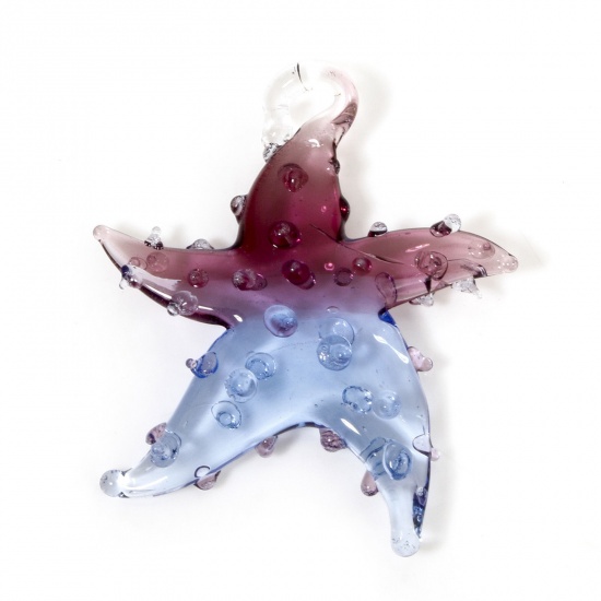 Picture of 2 PCs Lampwork Glass Ocean Jewelry Pendants Puce & Blue Two Tone Star Fish 3D 3.5cm x 3.2cm